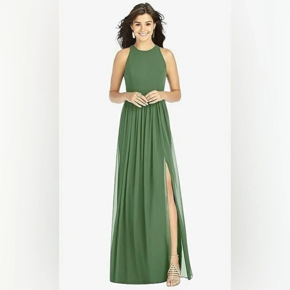 Thread by Dessy Collection SHIRRED SKIRT JEWEL NECK HALTER DRESS VINEYARD GREEN - Picture 1 of 8